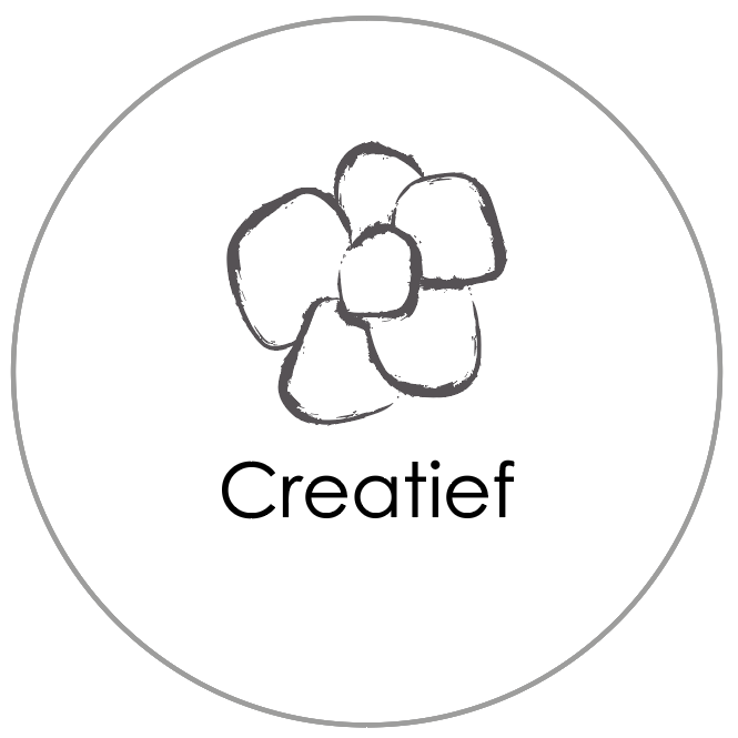 Rond grijs pictogram met een gestileerde bloemtekening en de tekst 