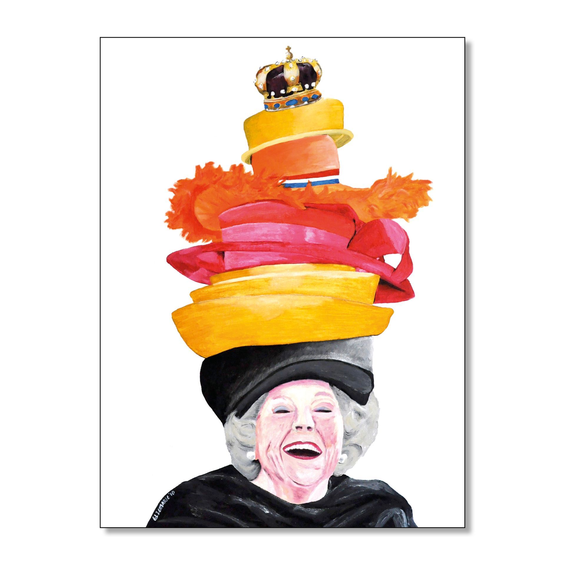 prinses Beatrix met stapel hoeden met daar bovenop een kroontje