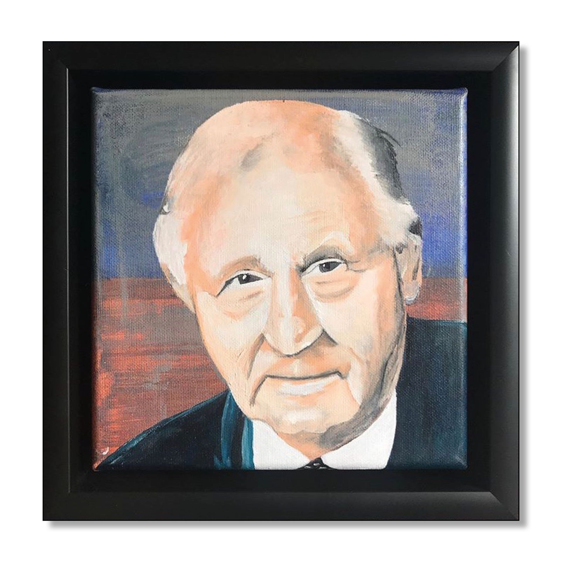 Schilderij van een oudere man in een zwarte lijst, op een doek met een blauwe, oranje en rode achtergrond.