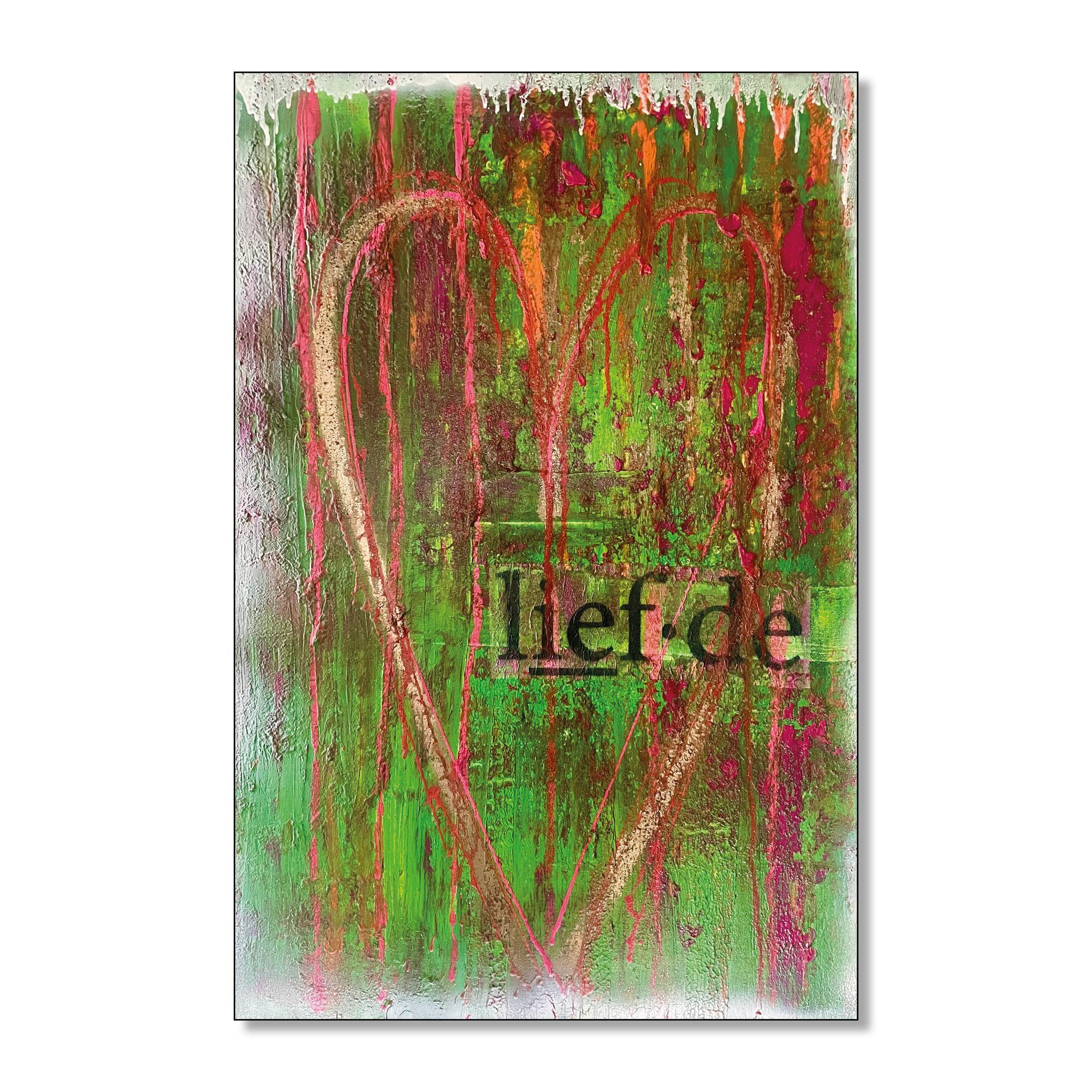 Abstract schilderij in groen en roze met een hart en het woord 