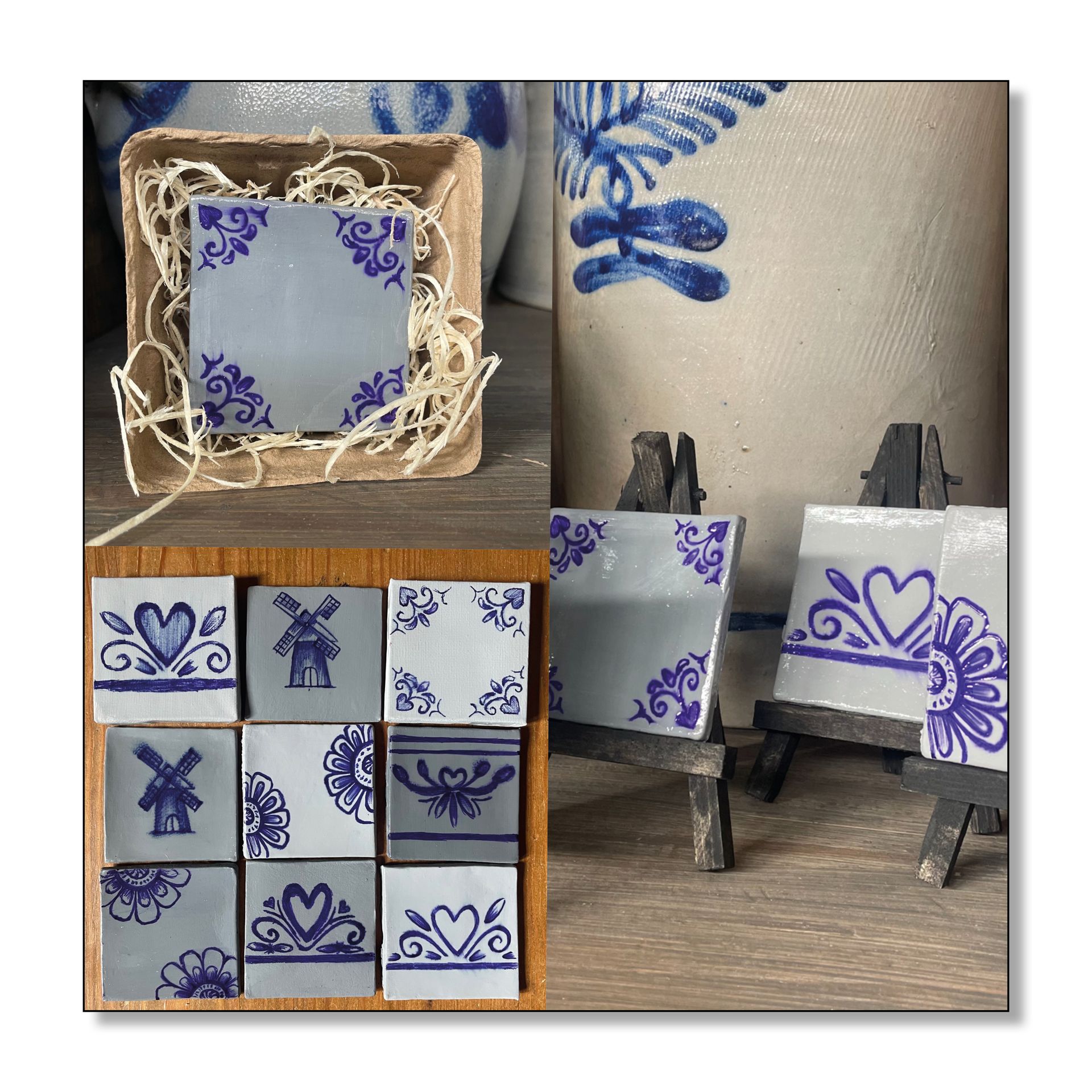Miniatuur Delftsblauwe tegelset; blauw-witte ontwerpen. Gepresenteerd in doosjes en op schildersezels.