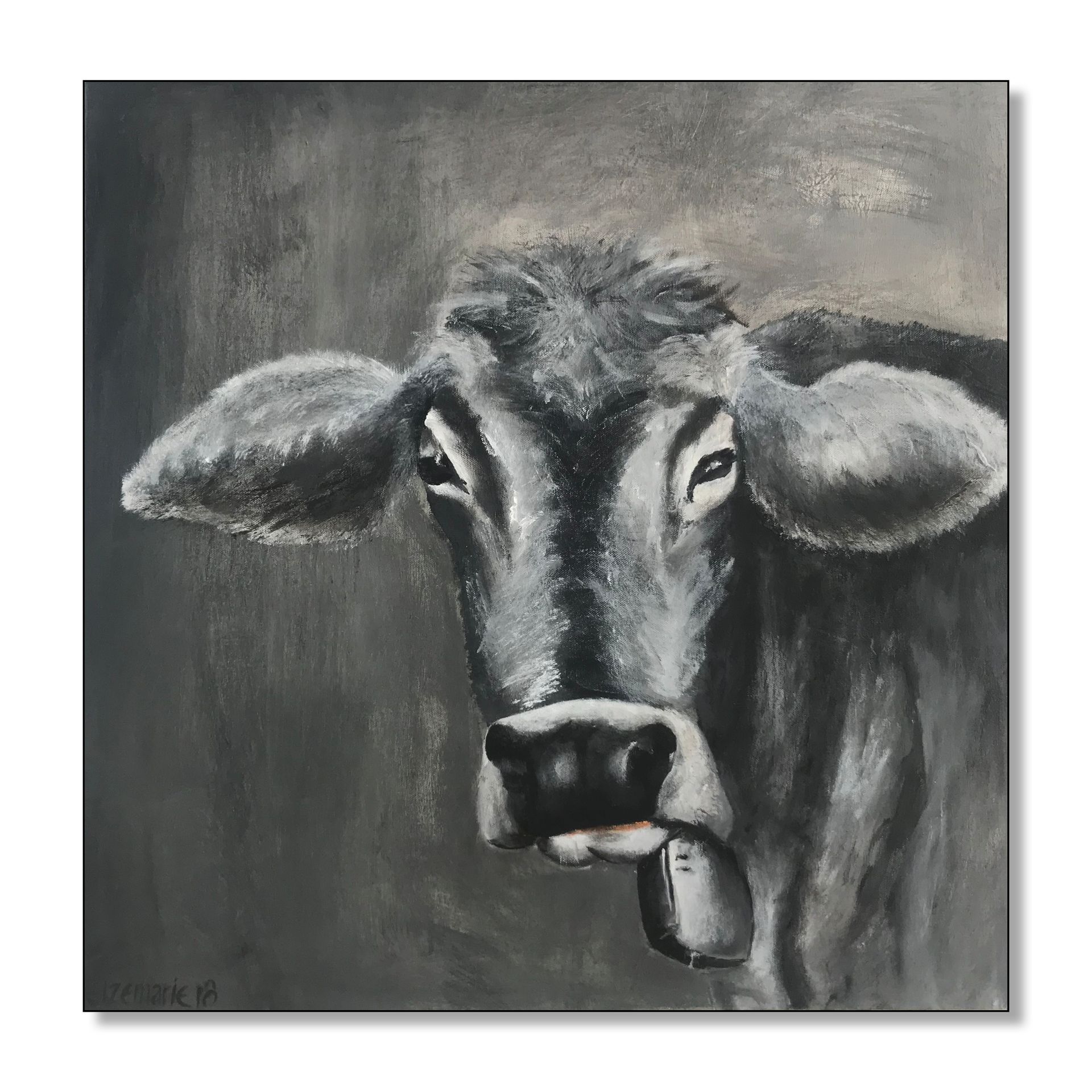Zwart-wit tekening van een koeienkop. De koe heeft grote oren, een bel en een ietwat merkwaardige uitdrukking.