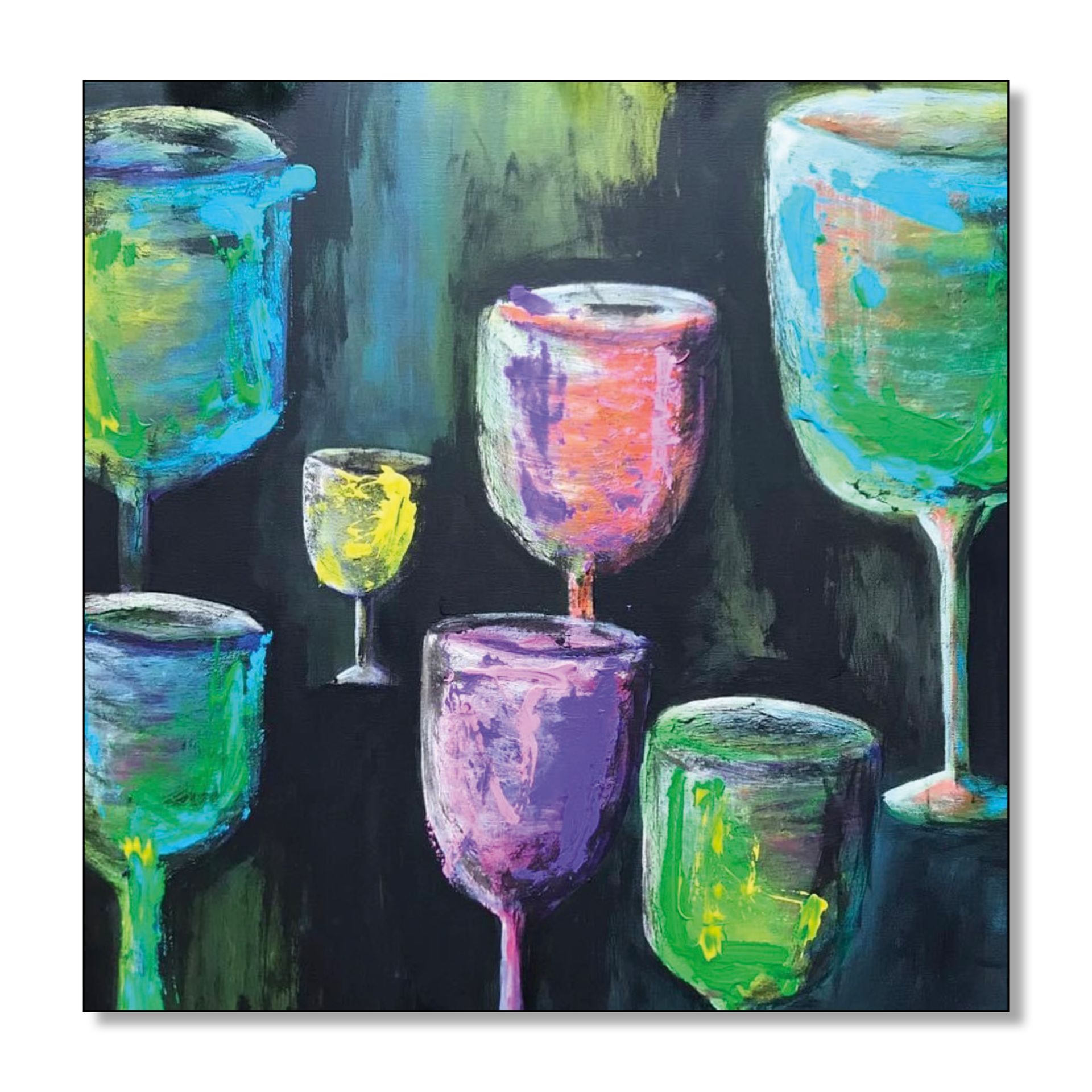 Kleurrijk abstract schilderij van wijnglazen op een donkere achtergrond.