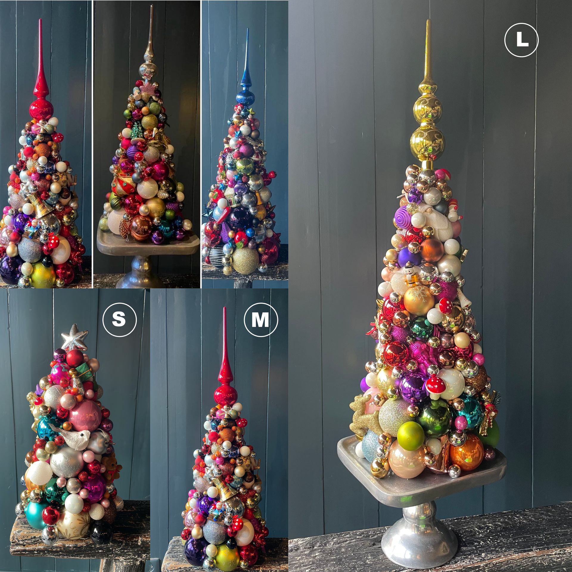 Collectie versierde kunstkerstbomen, in verschillende maten, met kleurrijke ornamenten.
