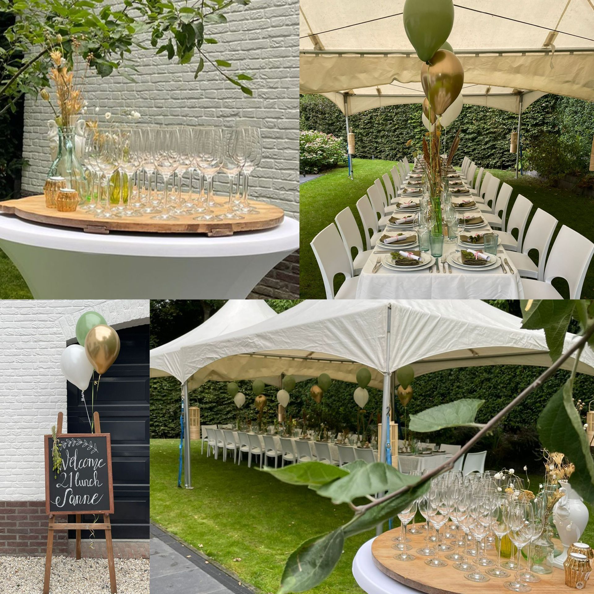 Feestopstelling in de buitenlucht met een tent, tafels en decoraties.