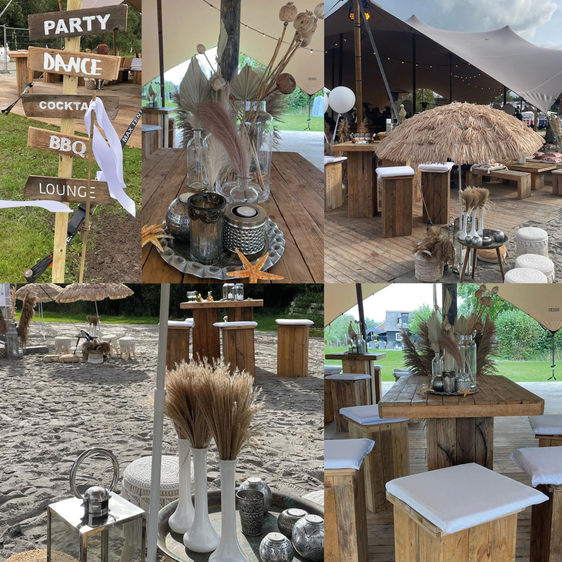 Een buitenevenement met houten tafels, decoraties en een bord met de tekst 'feest, dans, cocktails, barbecue en diner'.