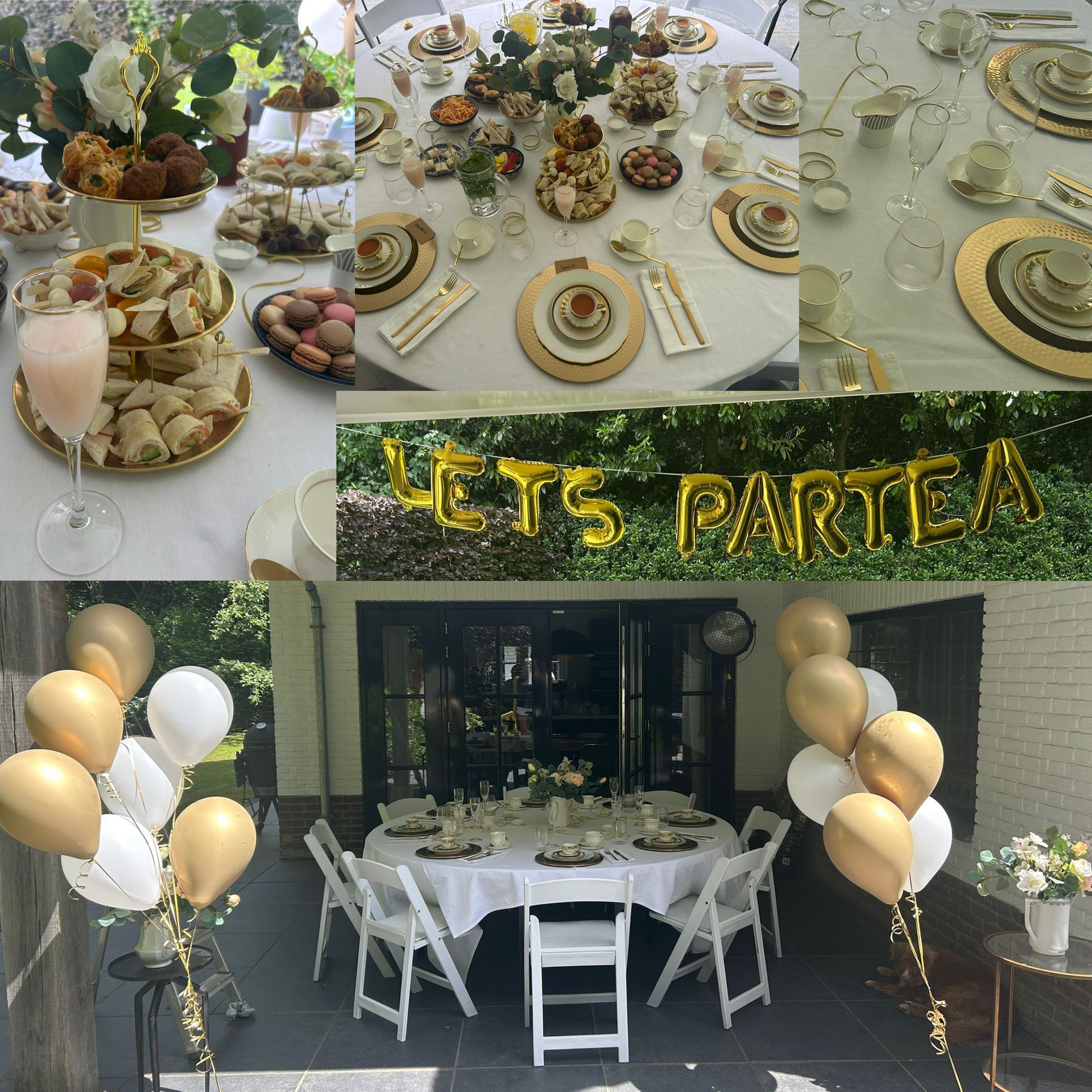 Collage van theekransjes met gouden en witte versieringen. Inclusief eten, tafels en ballonnen.