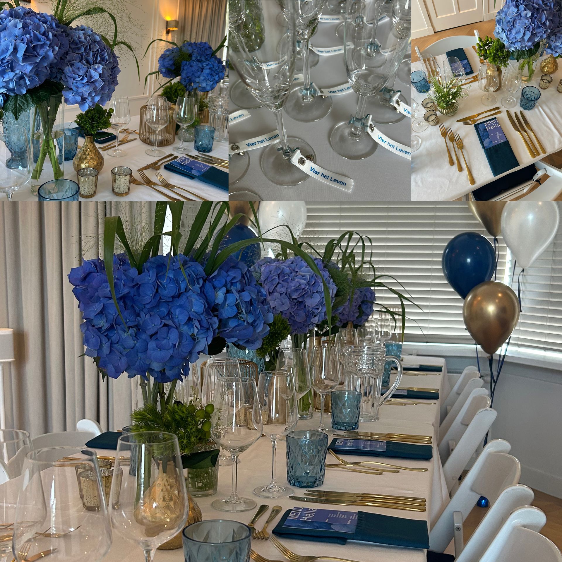 Een elegant gedekte tafel met blauwe hortensia's, gouden accenten, champagneglazen en ballonnen.