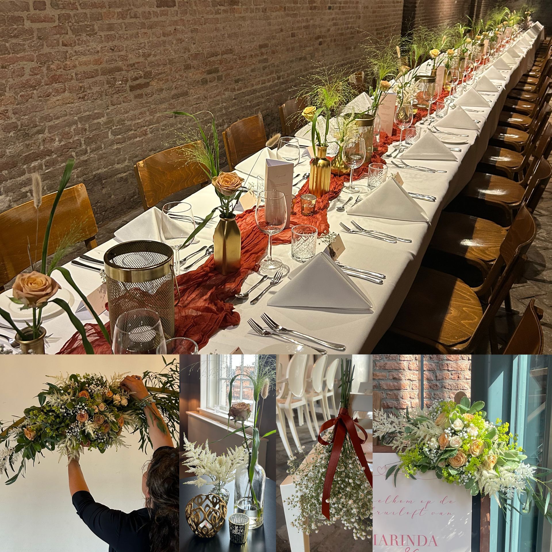 Lange eettafel gedekt voor een evenement, met bloemen en kaarsen. Onderaan afbeeldingen van bloemschikken.