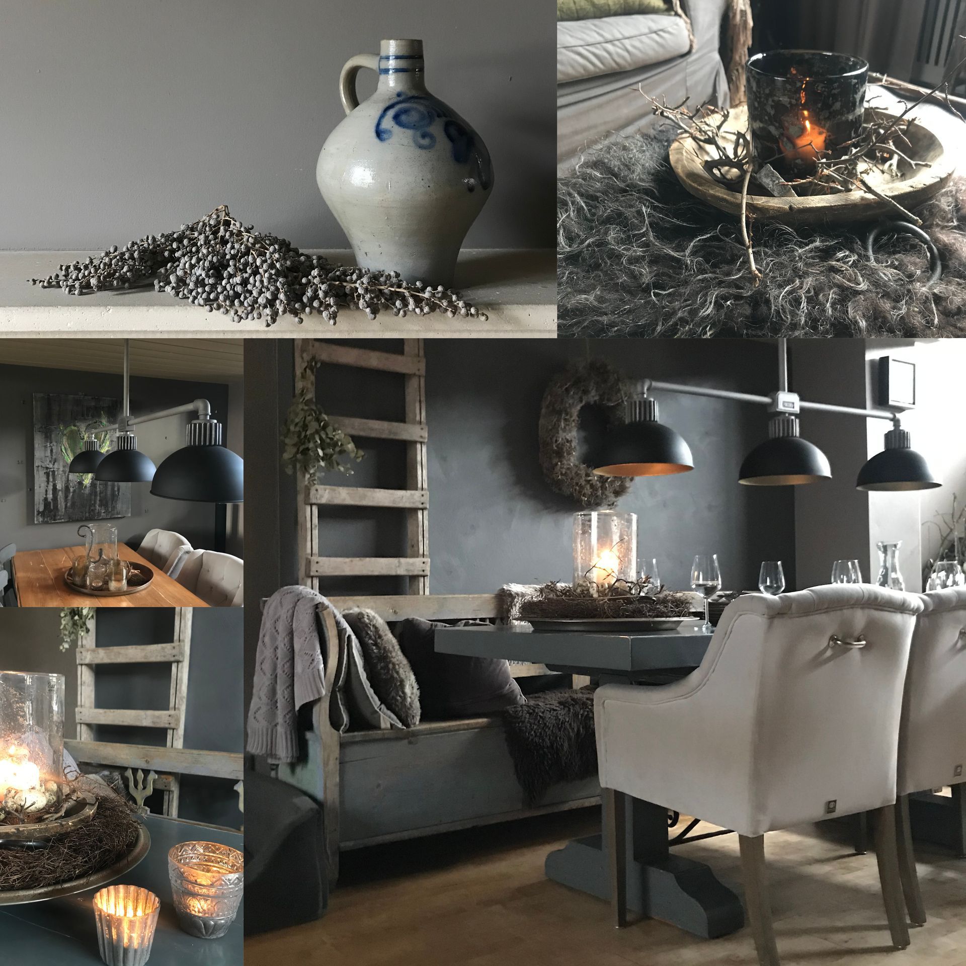 Collage: Rustiek interieur met kaarsen, aardewerk en hanglampen in grijstinten.