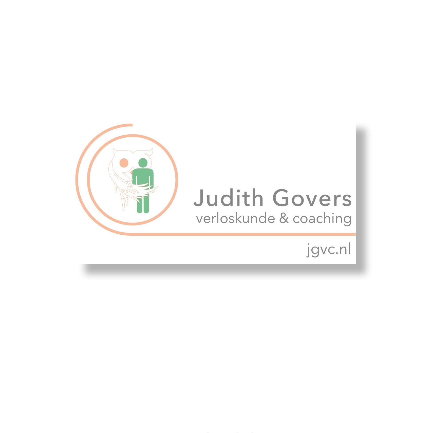 Logo voor Judith Govers. Een gestileerde persoon in een cirkel, met de tekst verloskunde & coaching