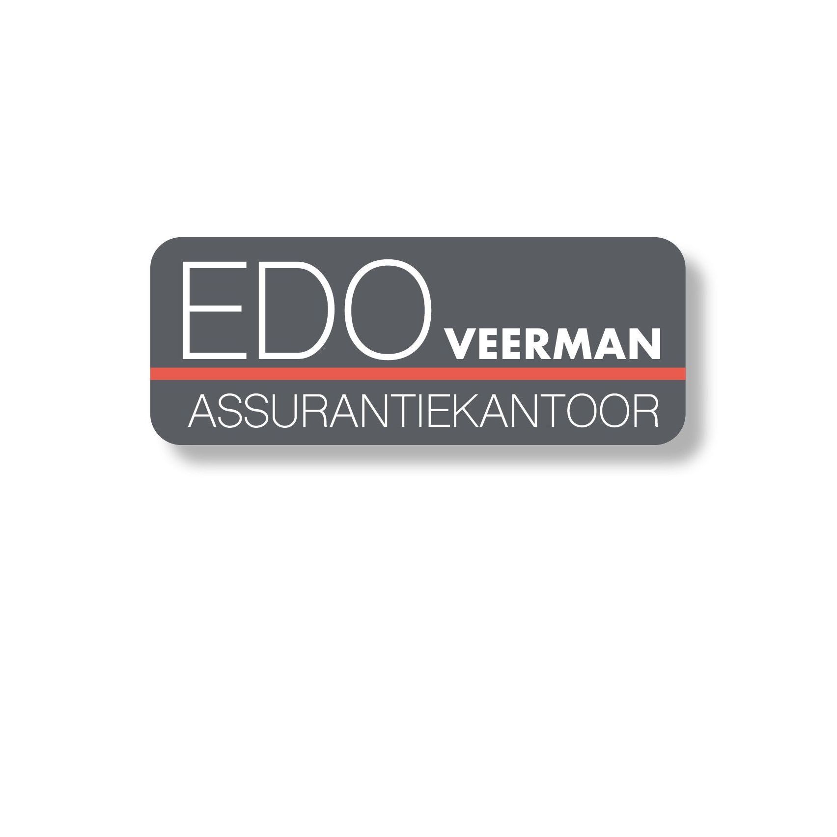 Logo voor Edo Veerman, een verzekeringsmaatschappij. Grijze en witte tekst op een grijze achtergrond. Rode lijn.