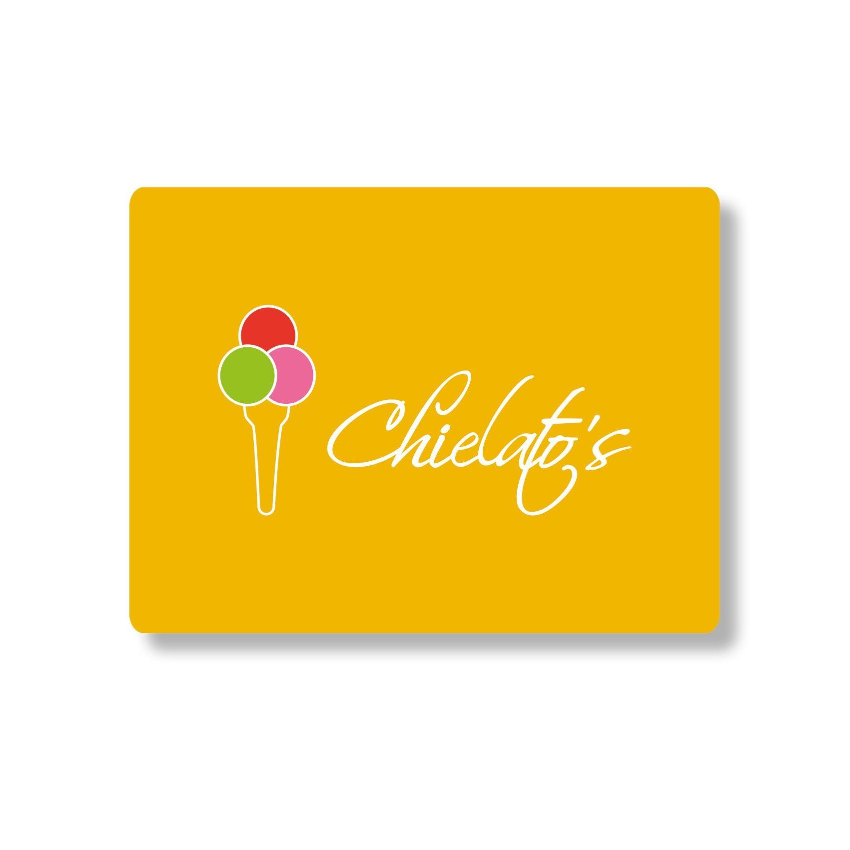 Gele cadeaukaart met ijshoorntje-logo: bolletjes roze, groen en rood ijs met de tekst 