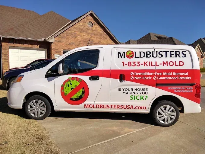 White MoldBusters service van parked in front of a house, with red company branding and phone number.