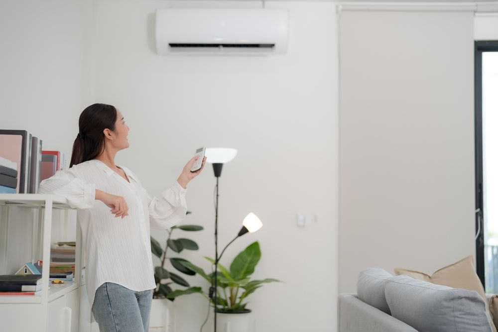 Woman using a remote beside a floor lamp in a bright living room with wall-mounted air conditioner.