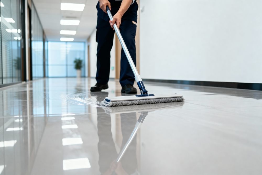 Person mopping a shiny office hallway floor with a blue-handled mop