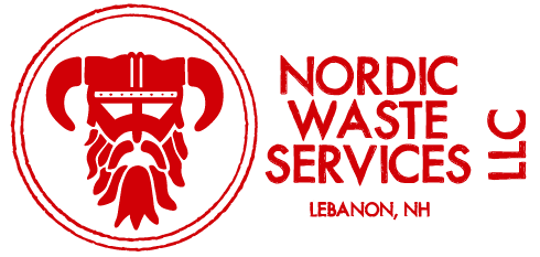 Logo for Nordic Waste Services LLC in Lebanon, NH. A red Viking head inside a red circle, beside red text.