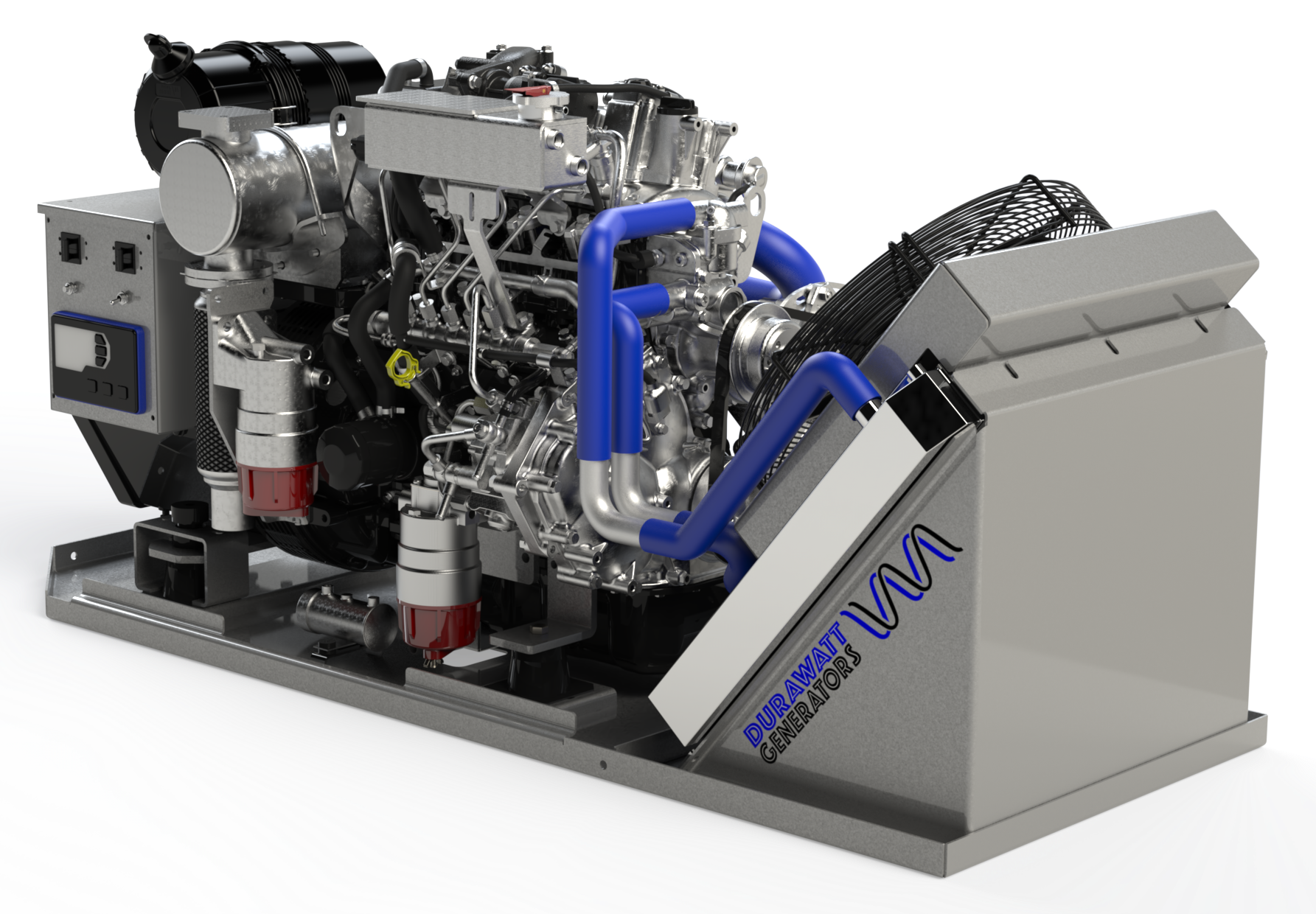 Gray, white and blue graphic with DuraWatt logo and generators.