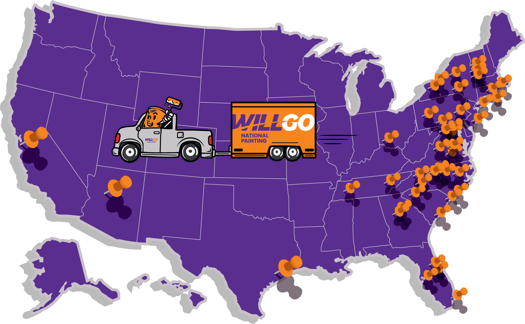 A map of the united states with a WillGo National Painting truck on it
