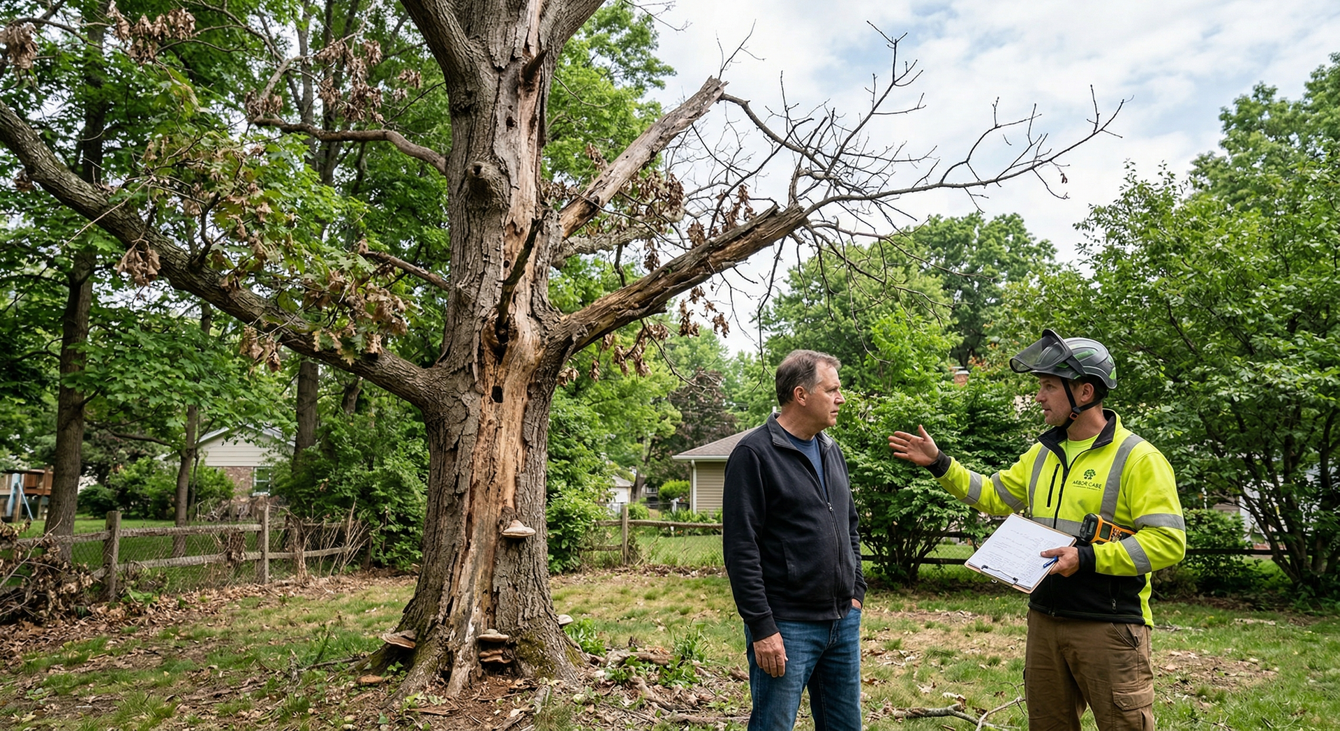 An arborist in a high-visibility jacket discusses a large, decaying tree with a resident in a park-like setting.