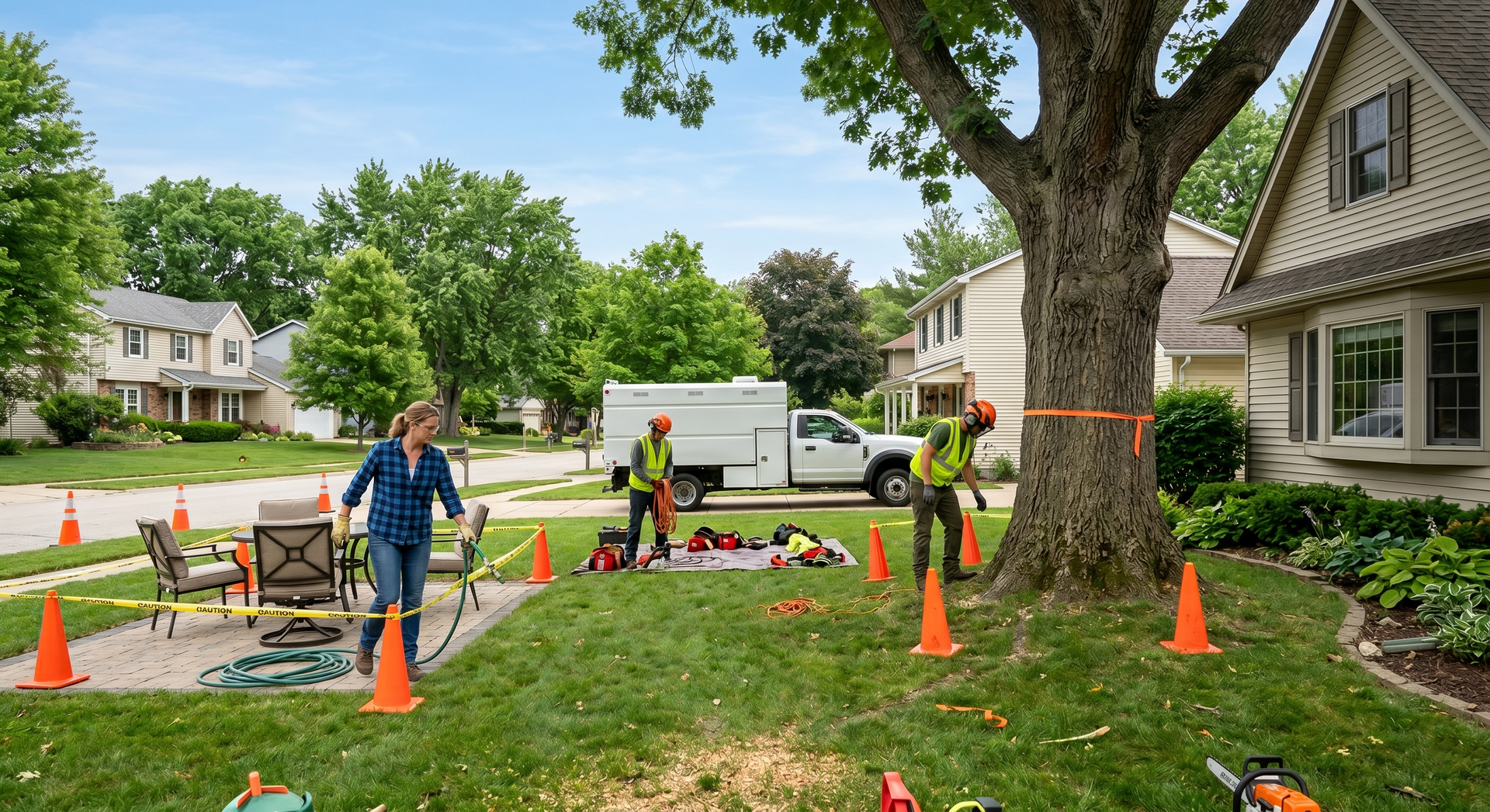 Crew trimming a large tree in a suburban yard, with cones, ladders, and a bucket truck nearby.