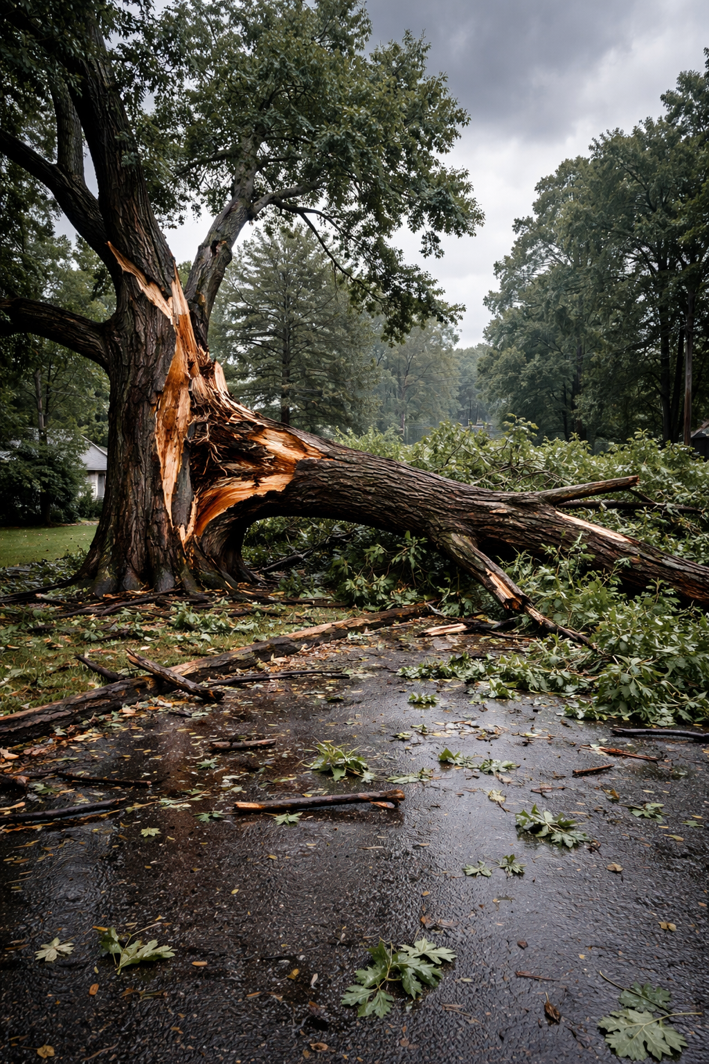 Fallen tree on asphalt driveway; trunk split, branches scattered. Overcast day.