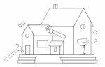 Line drawing of a house undergoing renovations, featuring a hammer and a paint roller, suggesting home improvement work.