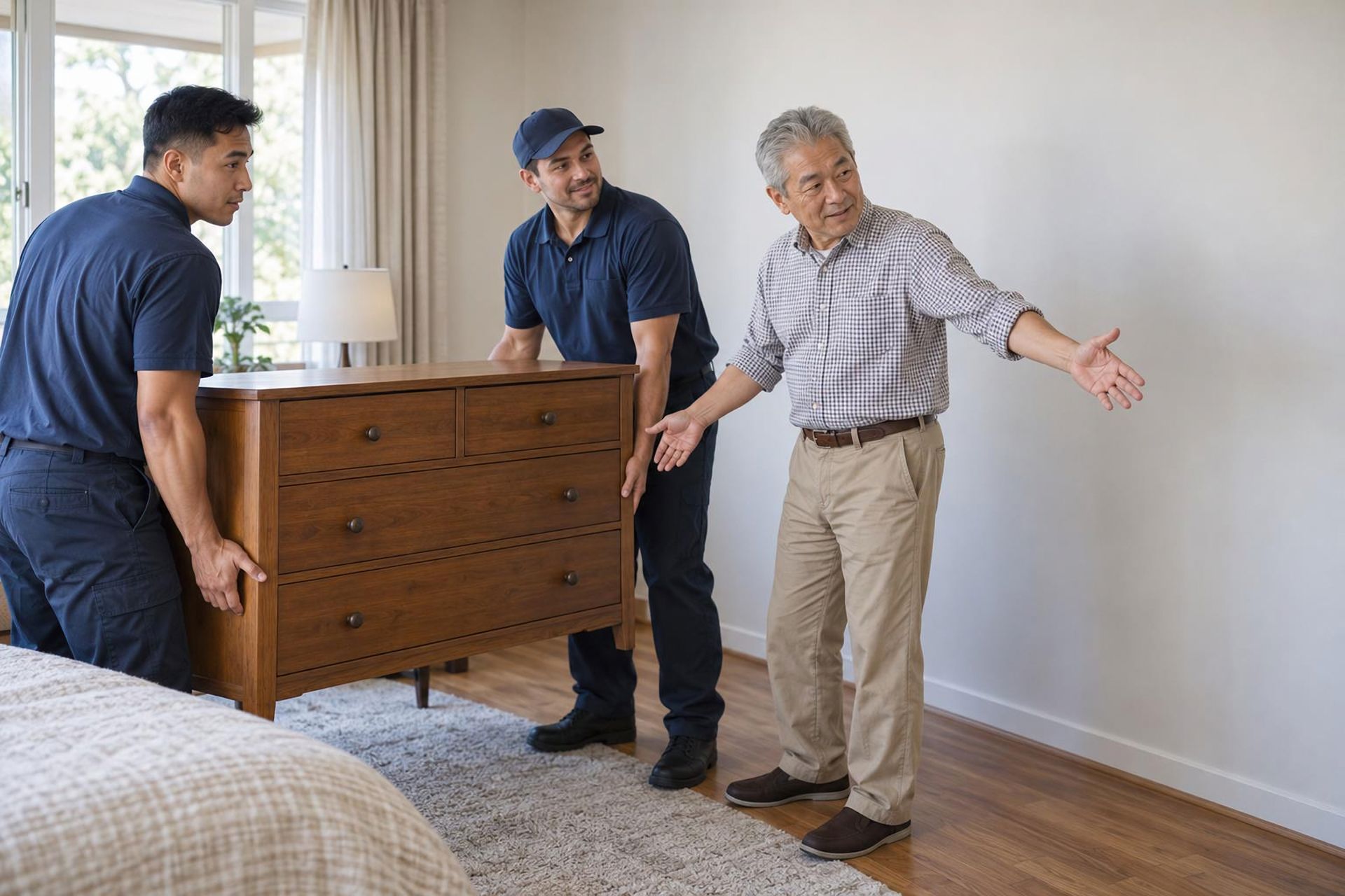 Two movers carrying wooden dresser while senior man showing place for furniture in bedroom