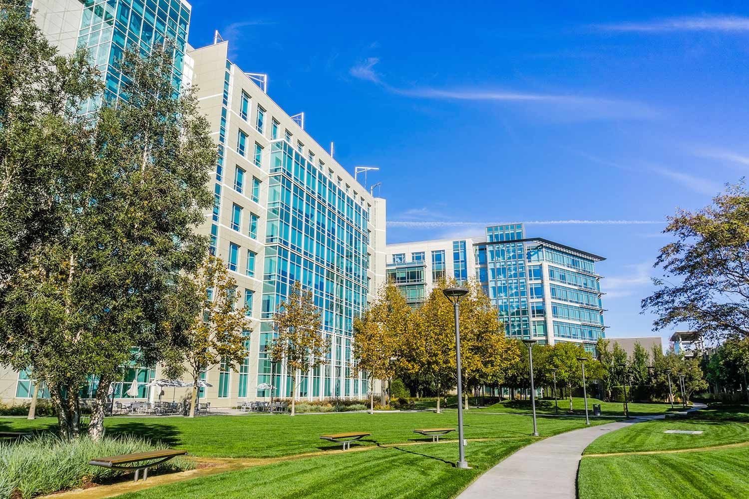 Modern glass office buildings and green lawn