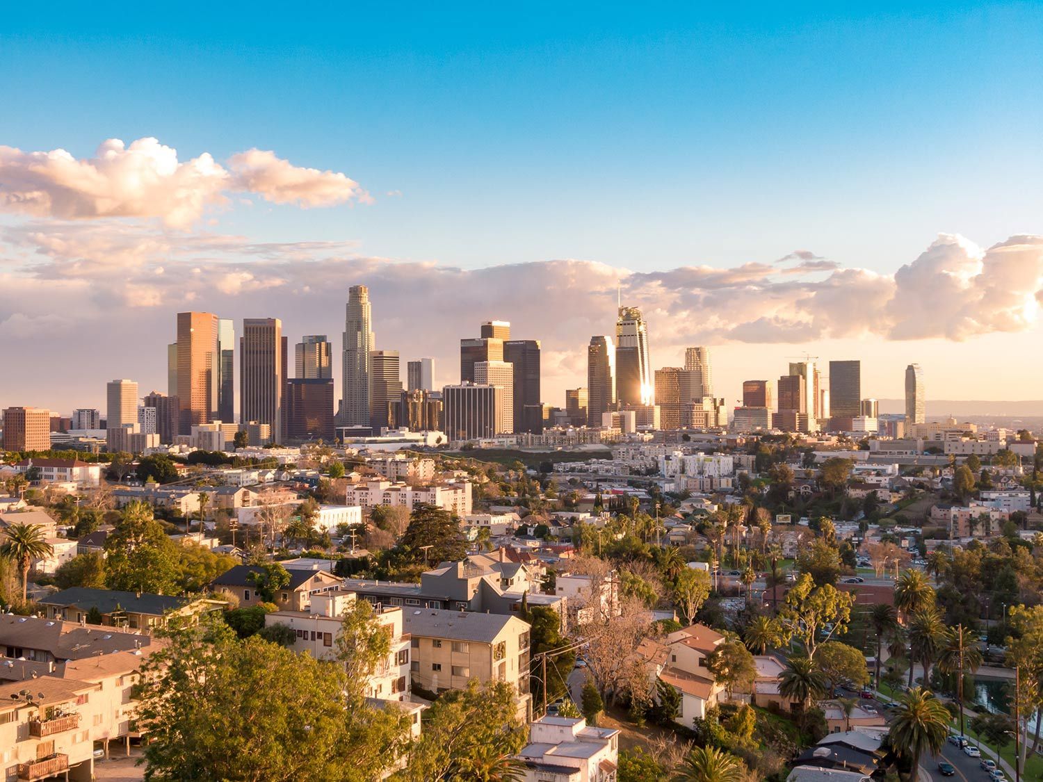City skyline at sunset above a dense neighborhood