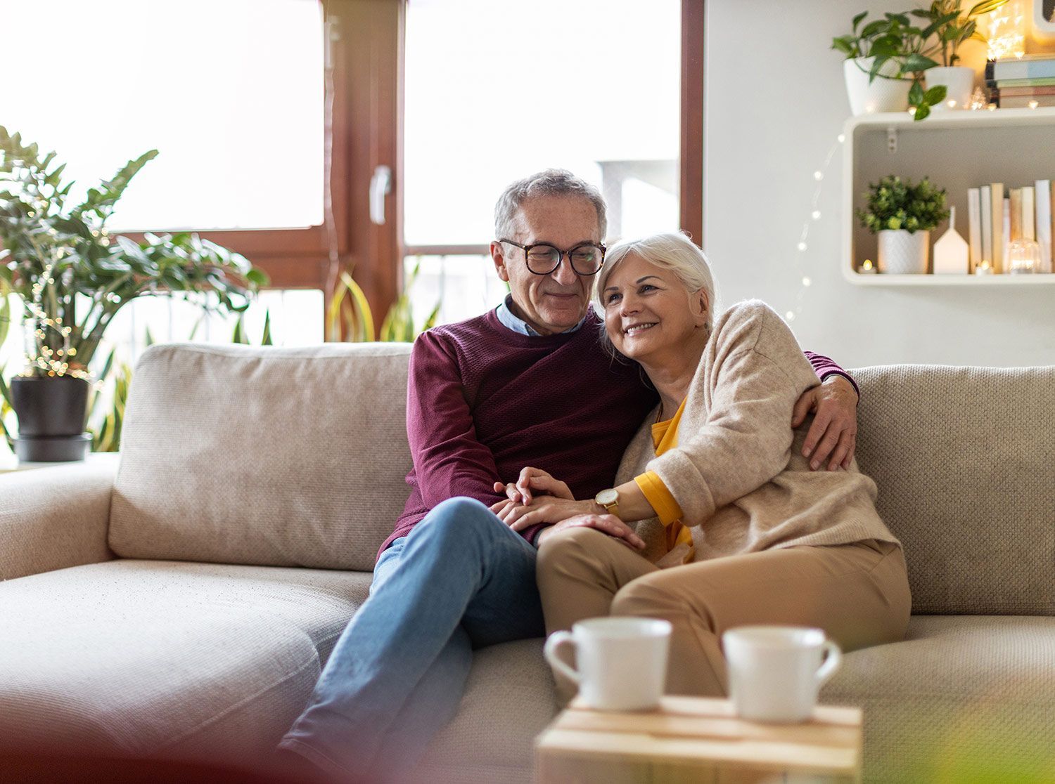Happy senior couple in living room