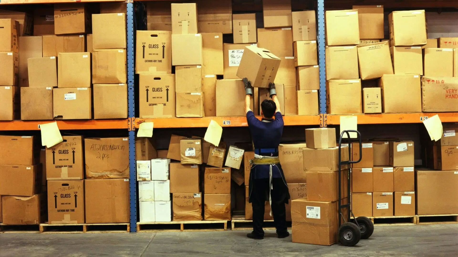 Worker stacking boxes in a storage facility