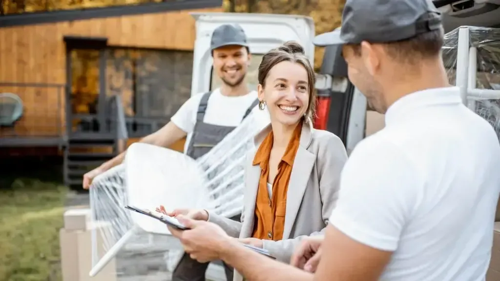 Two smiling delivery workers hand over a package outside a storefront