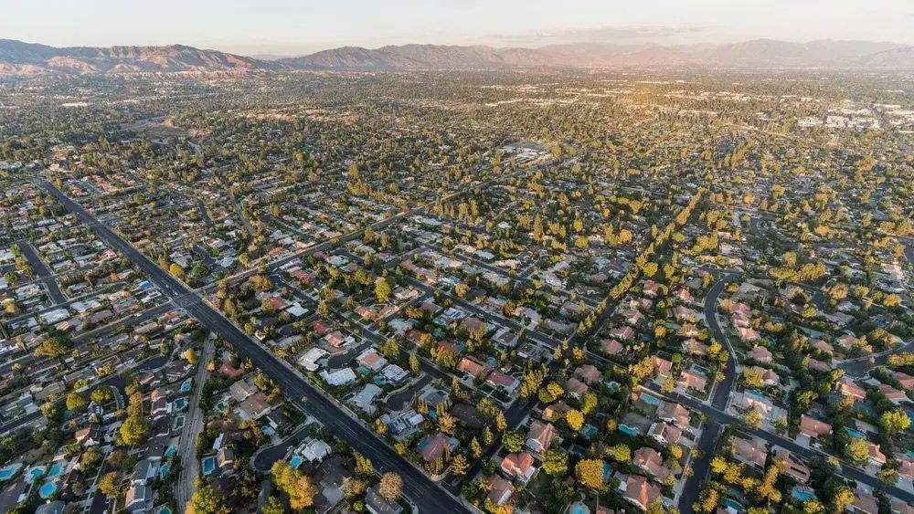 Aerial view of a dense suburban neighborhood