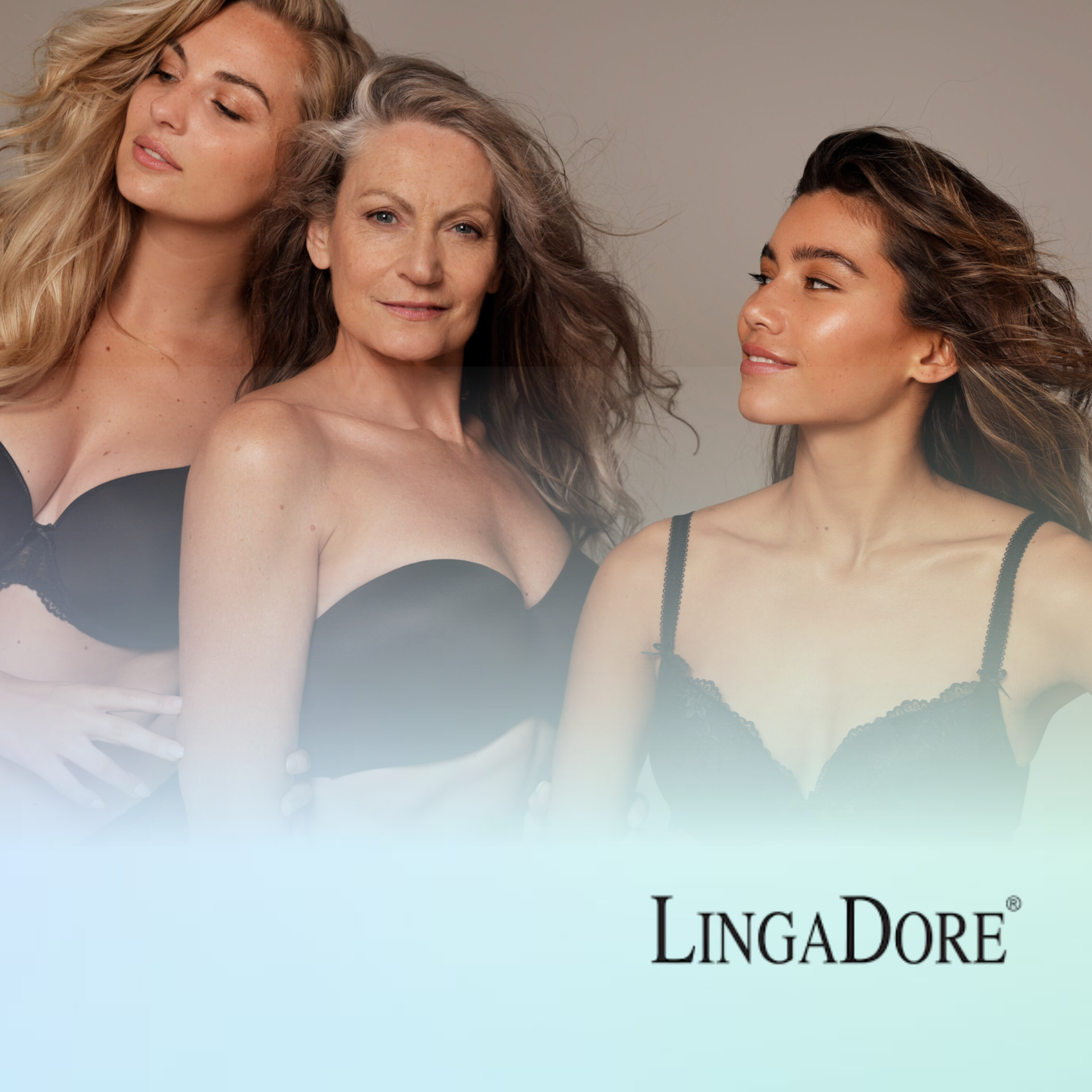 Drie vrouwen in zwarte lingerie poseren tegen een zachtgrijze achtergrond met daaronder het LingaDore-logo.