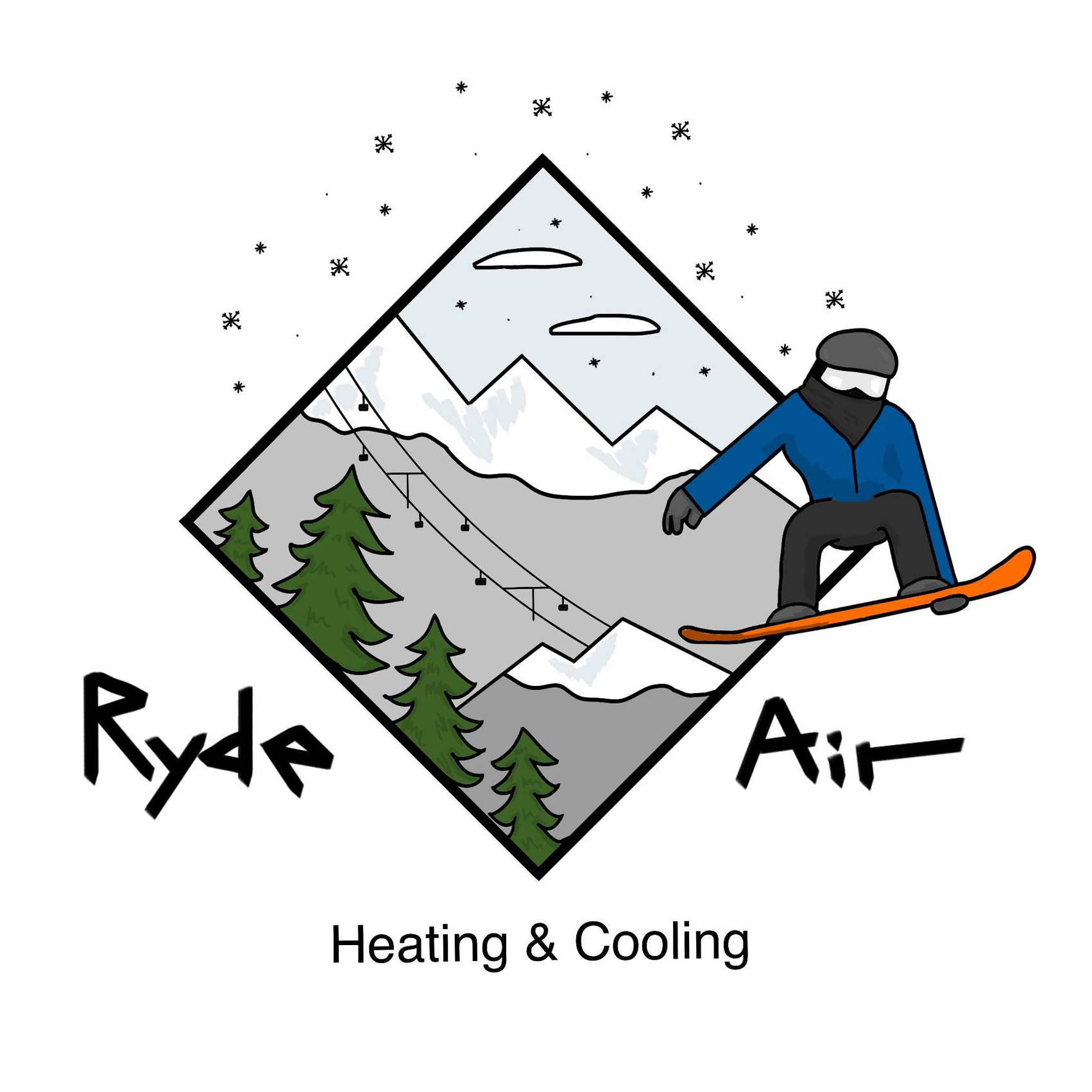 Ryd Air Heating & Cooling logo with mountain scene and snowboarder in blue jacket.