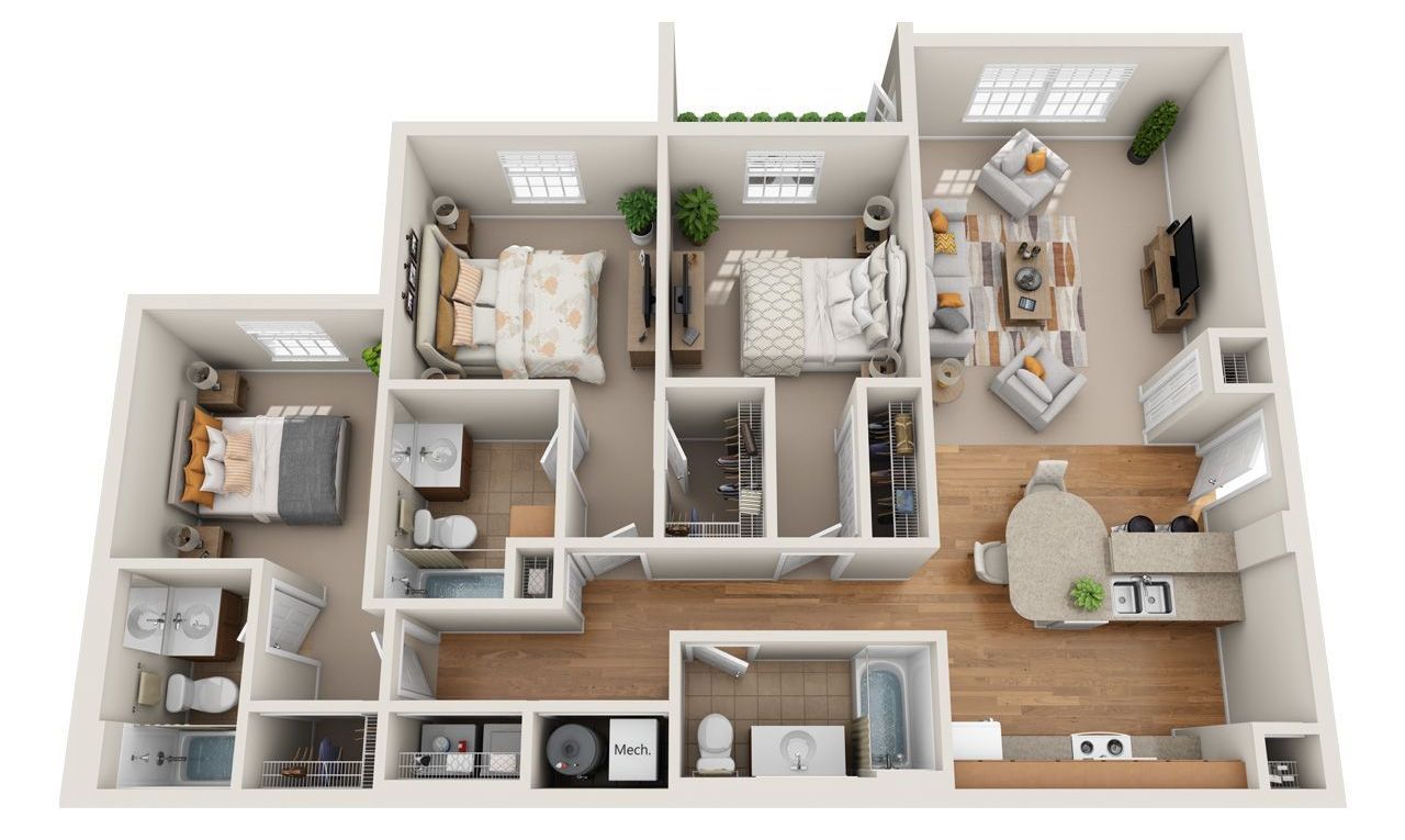 2 Bed 2 Bath Floor Plan with Carpet and Wood Flooring