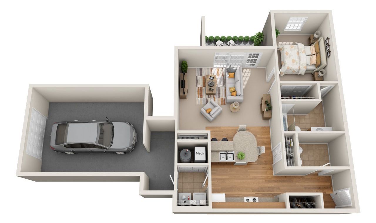 1 Bed Floor Plan with Carpet and Wood Flooring