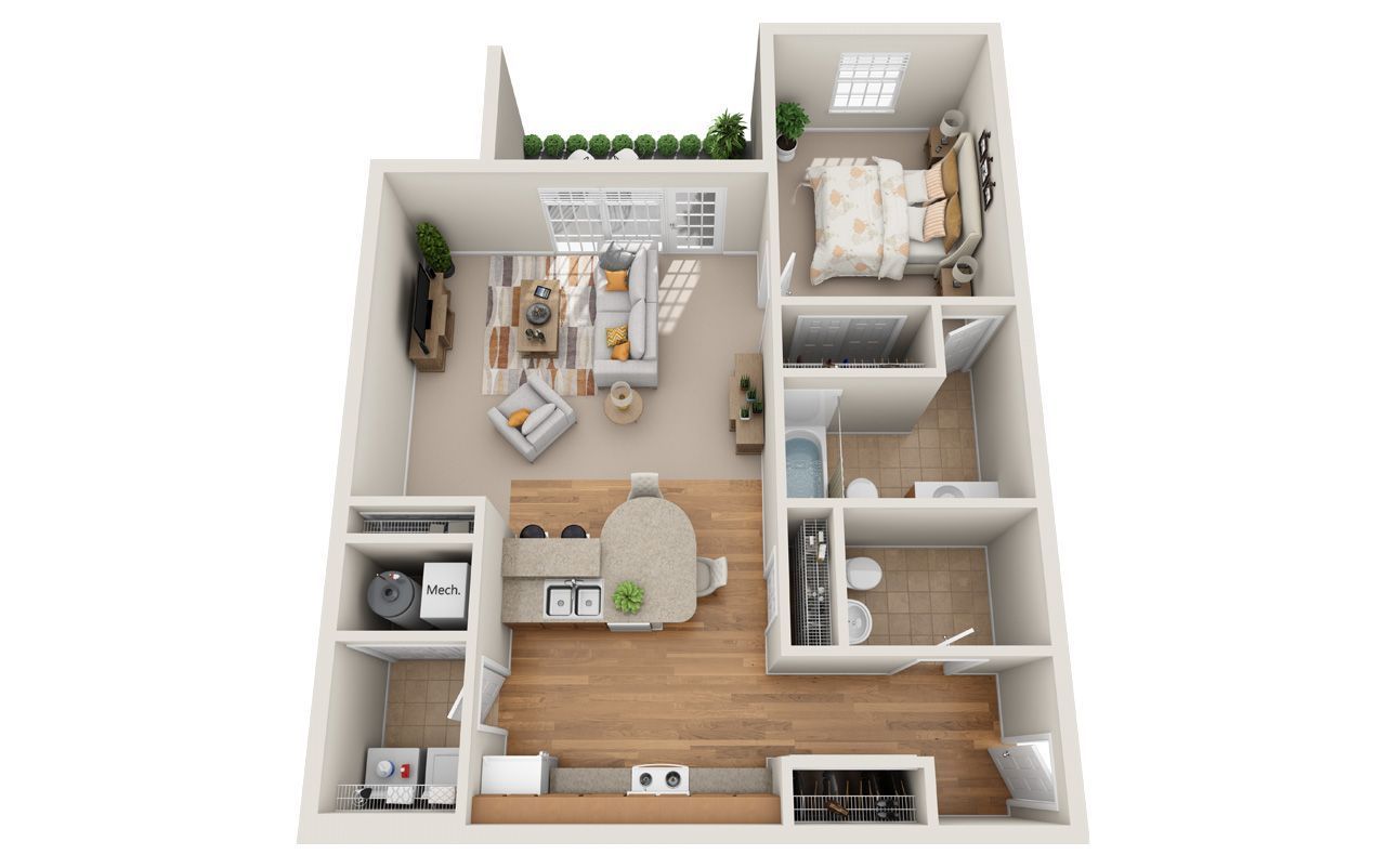 1 Bed Floor Plan with Carpet and Wood Flooring