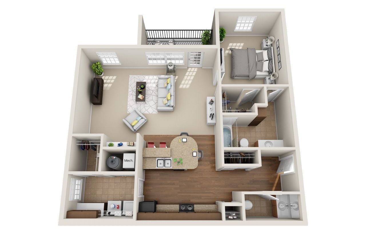 1 Bed Floor Plan with Carpet and Wood Flooring