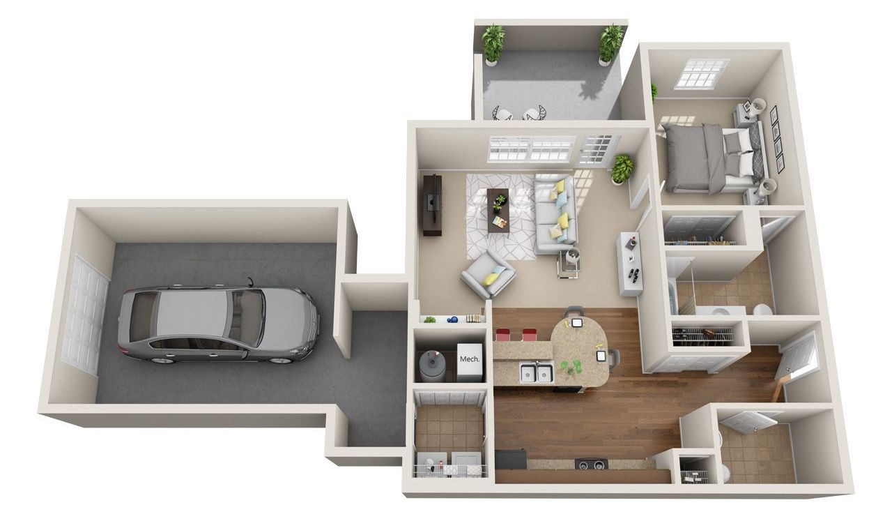 1 Bed Floor Plan with Carpet and Wood Flooring