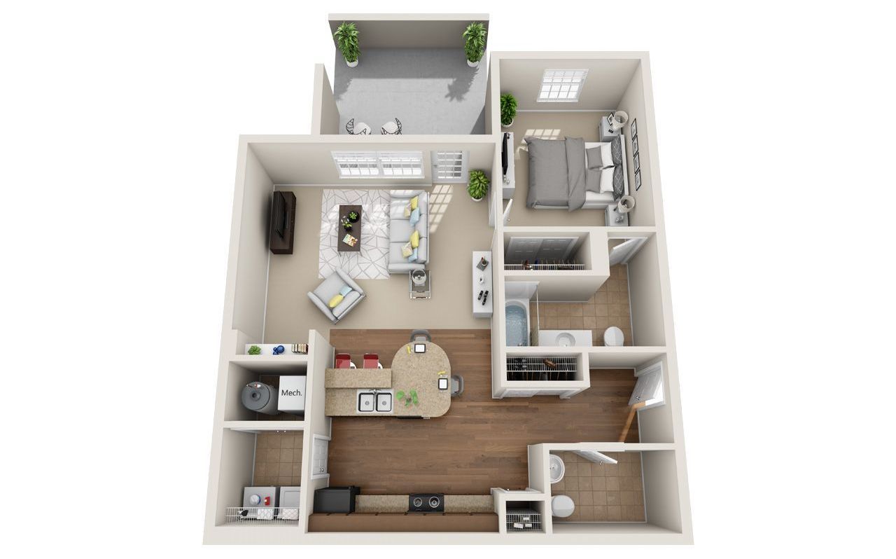 1 Bed Floor Plan with Carpet and Wood Flooring