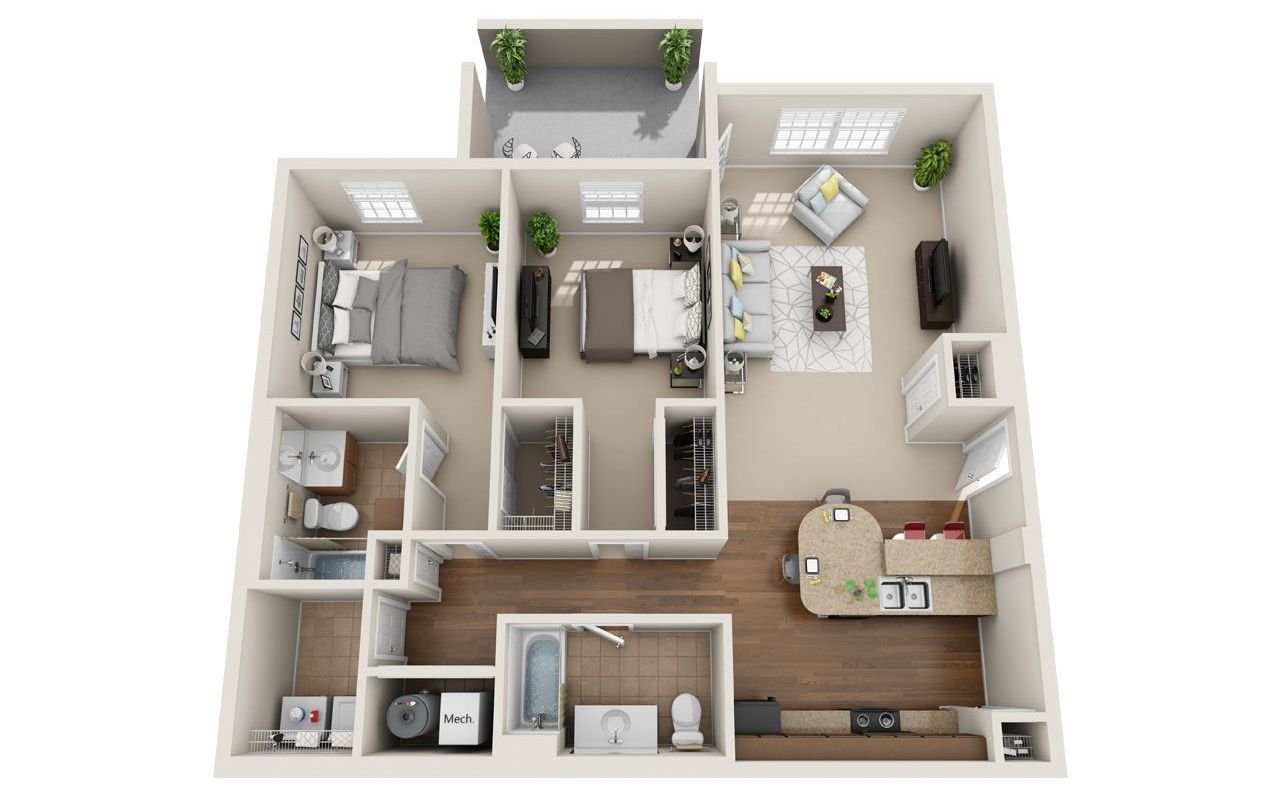2 Bed 2 Bath Floor Plan with Carpet and Wood Flooring