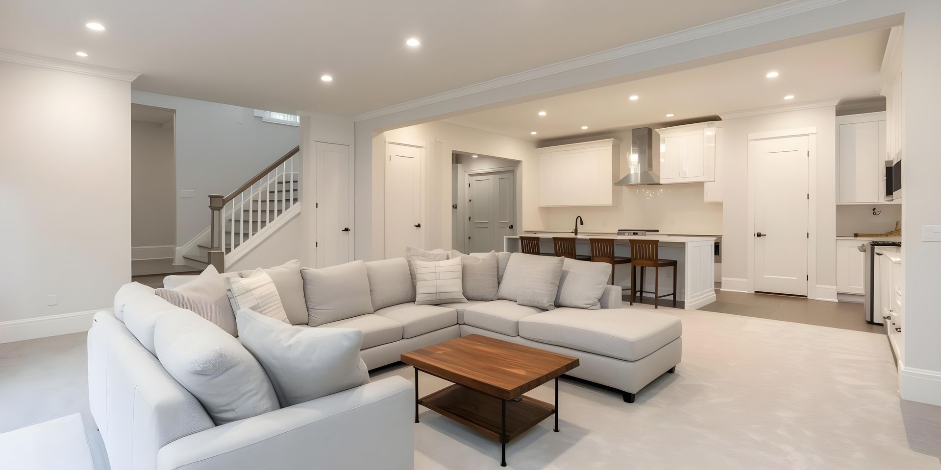Living room with a sectional sofa, a coffee table, and a kitchen in the background. White walls and floors.
