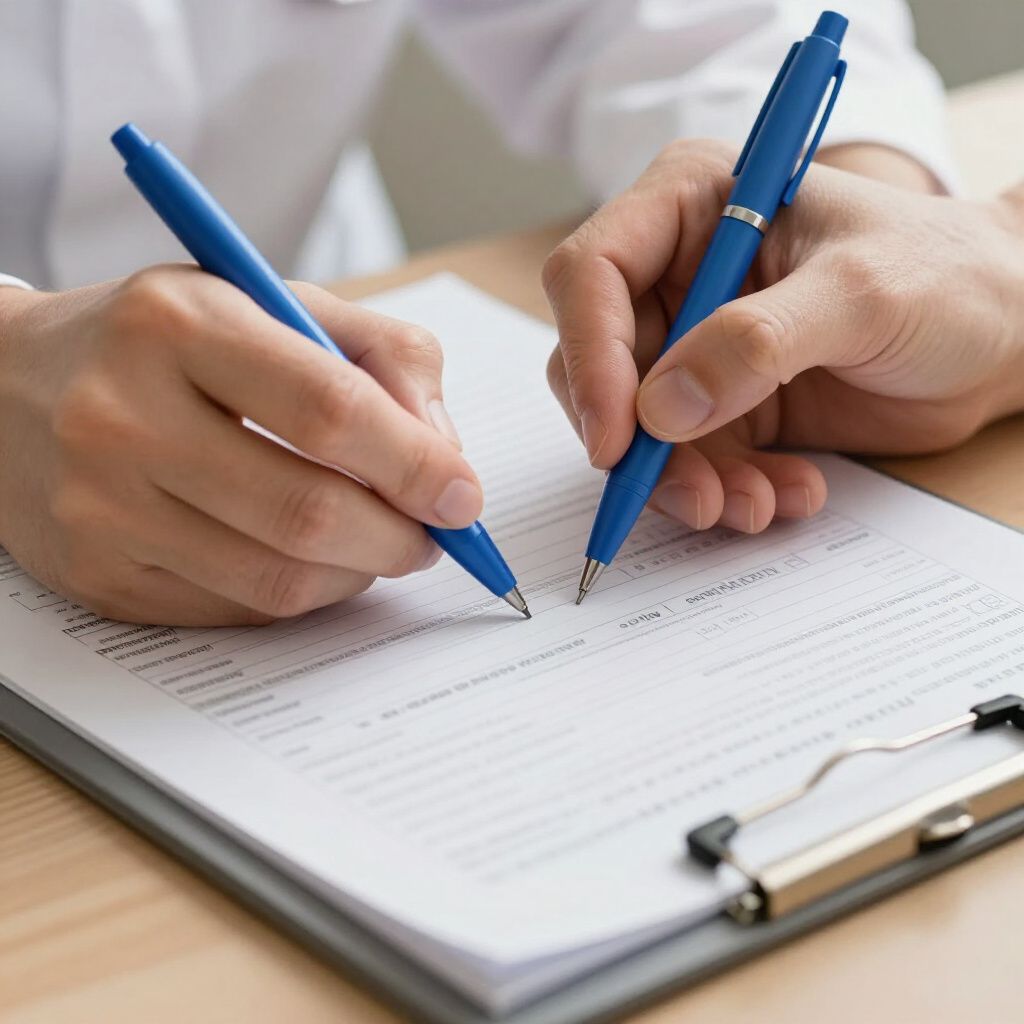Two hands writing on a form with blue pens on a clipboard
