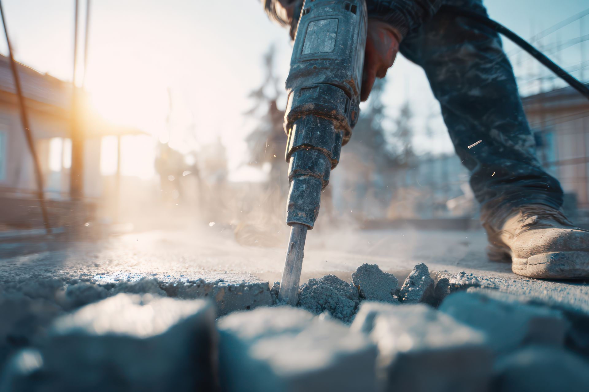 Close-up of a worker using a jackhammer to break concrete pavement.
