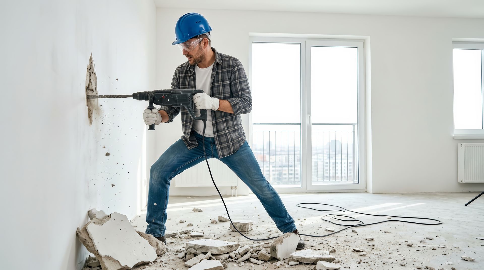 Person in a blue hard hat drills into a wall amid construction debris.