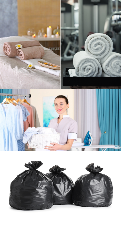 Neetly rolled and stacked commercial laundry.
