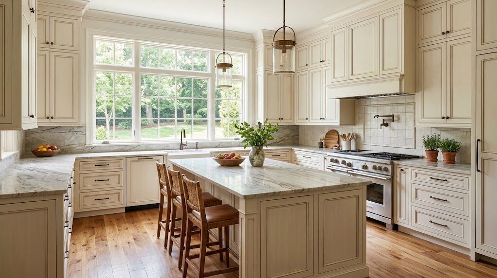 Bright kitchen featuring off-white cabinets, marble island, hardwood floors, and large window.