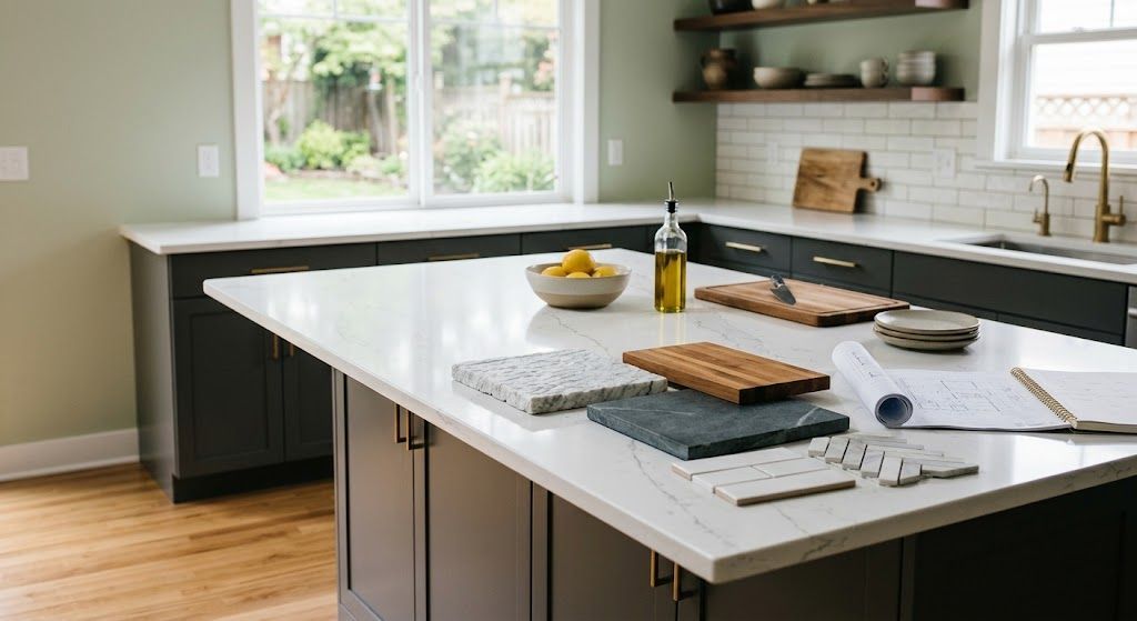 Modern kitchen with quartz countertop materials displayed on island workspace.